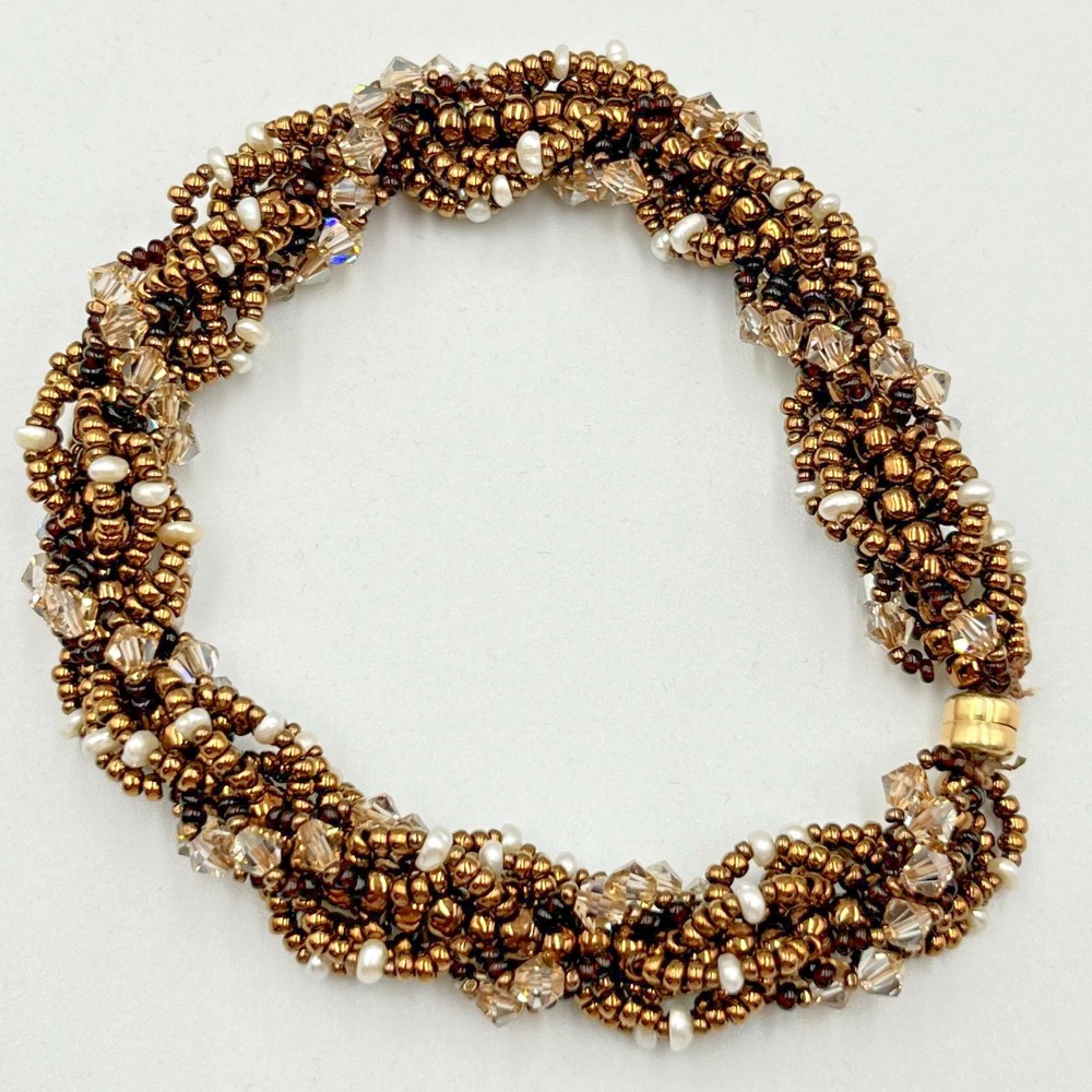 VTG Bronze Twisted Seed Bead & Crystal Multi-Strand Bracelet with Magnetic Clasp